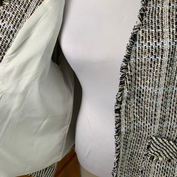 Chico’s Size 3 (XL 16/18) Tweed Jacket Open Front Black White Gold Fringe Trim - Picture 4 of 9
